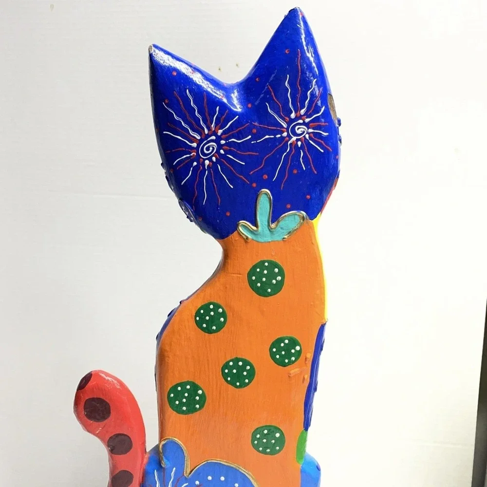 Hand-Painted Wooden Cat Figure Multicolor Folk Art Sculpture - Picture 5 of 14